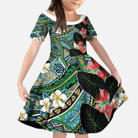 Hawaiian Taro Leaves and Ohia Lehua Family Matching Short Sleeve Bodycon Dress and Hawaiian Shirt Polynesian Tribal Art Tropical Plants Motifs Colorful LT03 Daughter's Dress Multicolor - Polynesian Pride