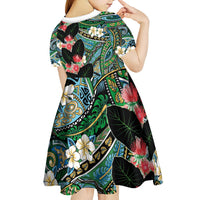 Hawaiian Taro Leaves and Ohia Lehua Kid Short Sleeve Dress Polynesian Tribal Art Tropical Plants Motifs Colorful LT03 - Polynesian Pride