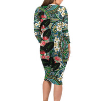 Hawaiian Taro Leaves and Ohia Lehua Long Sleeve Bodycon Dress Polynesian Tribal Art Tropical Plants Motifs Colorful LT03 - Polynesian Pride