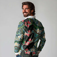 Hawaiian Taro Leaves and Ohia Lehua Long Sleeve Polo Shirt Polynesian Tribal Art Tropical Plants Motifs Colorful LT03 - Polynesian Pride
