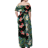 Hawaiian Taro Leaves and Ohia Lehua Off Shoulder Maxi Dress Polynesian Tribal Art Tropical Plants Motifs Colorful LT03 - Polynesian Pride