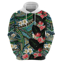 Hawaiian Taro Leaves and Ohia Lehua Zip Hoodie Polynesian Tribal Art Tropical Plants Motifs Colorful LT03 - Polynesian Pride