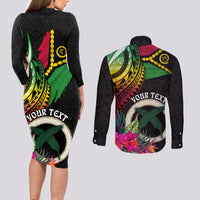 Personalised Vanuatu 44th Anniversary Couples Matching Long Sleeve Bodycon Dress and Long Sleeve Button Shirt Boars Tusk Tugeta Yumi Selebretem Indipendens Dei LT03 - Polynesian Pride