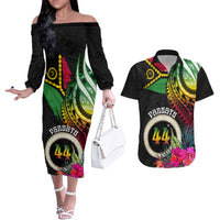 Personalised Vanuatu 44th Anniversary Couples Matching Off The Shoulder Long Sleeve Dress and Hawaiian Shirt Boars Tusk Tugeta Yumi Selebretem Indipendens Dei LT03 Black - Polynesian Pride