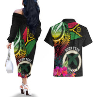 Personalised Vanuatu 44th Anniversary Couples Matching Off The Shoulder Long Sleeve Dress and Hawaiian Shirt Boars Tusk Tugeta Yumi Selebretem Indipendens Dei LT03 - Polynesian Pride