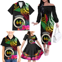 Personalised Vanuatu 44th Anniversary Family Matching Off The Shoulder Long Sleeve Dress and Hawaiian Shirt Boars Tusk Tugeta Yumi Selebretem Indipendens Dei LT03 - Polynesian Pride