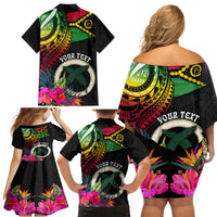 Personalised Vanuatu 44th Anniversary Family Matching Off Shoulder Short Dress and Hawaiian Shirt Boars Tusk Tugeta Yumi Selebretem Indipendens Dei LT03 - Polynesian Pride