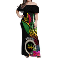 Personalised Vanuatu 44th Anniversary Off Shoulder Maxi Dress Boars Tusk Tugeta Yumi Selebretem Indipendens Dei LT03 Women Black - Polynesian Pride