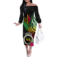 Personalised Vanuatu 44th Anniversary Off The Shoulder Long Sleeve Dress Boars Tusk Tugeta Yumi Selebretem Indipendens Dei LT03 Women Black - Polynesian Pride