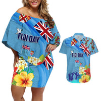 Fiji Day Couples Matching Off Shoulder Short Dress and Hawaiian Shirt Tagimoucia Flower and Melanesia Pattern LT03 Blue - Polynesian Pride