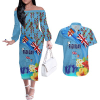 Fiji Day Couples Matching Off The Shoulder Long Sleeve Dress and Hawaiian Shirt Tagimoucia Flower and Melanesia Pattern LT03 Blue - Polynesian Pride