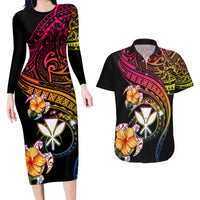 Polynesia Hawaii Turtle Day Couples Matching Long Sleeve Bodycon Dress and Hawaiian Shirt Hibiscus and Kanaka Maoli LT03 Black - Polynesian Pride
