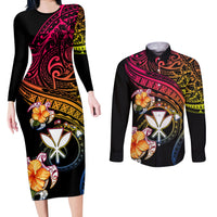 Polynesia Hawaii Turtle Day Couples Matching Long Sleeve Bodycon Dress and Long Sleeve Button Shirt Hibiscus and Kanaka Maoli LT03 Black - Polynesian Pride
