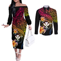 Polynesia Hawaii Turtle Day Couples Matching Off The Shoulder Long Sleeve Dress and Long Sleeve Button Shirt Hibiscus and Kanaka Maoli LT03 Black - Polynesian Pride