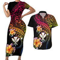 Polynesia Hawaii Turtle Day Couples Matching Short Sleeve Bodycon Dress and Hawaiian Shirt Hibiscus and Kanaka Maoli LT03 Black - Polynesian Pride