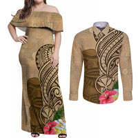 Hawaii Kanaloa Tiki Couples Matching Off Shoulder Maxi Dress and Long Sleeve Button Shirt Polynesian Tattoo and Tapa Pattern LT03 Beige - Polynesian Pride