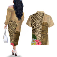Hawaii Kanaloa Tiki Couples Matching Off The Shoulder Long Sleeve Dress and Hawaiian Shirt Polynesian Tattoo and Tapa Pattern LT03 - Polynesian Pride