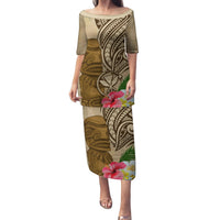 Hawaii Kanaloa Tiki Family Matching Puletasi and Hawaiian Shirt Polynesian Tattoo and Tapa Pattern LT03 Mom's Dress Beige - Polynesian Pride