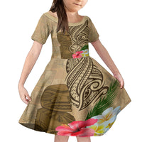 Hawaii Kanaloa Tiki Family Matching Summer Maxi Dress and Hawaiian Shirt Polynesian Tattoo and Tapa Pattern LT03 Daughter's Dress Beige - Polynesian Pride