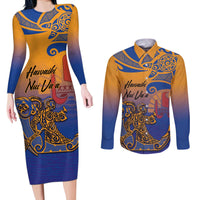 Hawaiki Nui Va'a Solo French Polynesia Couples Matching Long Sleeve Bodycon Dress and Long Sleeve Button Shirt Sunset Color LT03 Yellow - Polynesian Pride