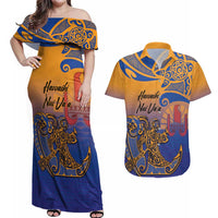 Hawaiki Nui Va'a Solo French Polynesia Couples Matching Off Shoulder Maxi Dress and Hawaiian Shirt Sunset Color LT03 Yellow - Polynesian Pride