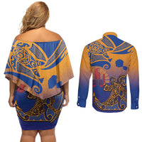 Hawaiki Nui Va'a Solo French Polynesia Couples Matching Off Shoulder Short Dress and Long Sleeve Button Shirt Sunset Color LT03 - Polynesian Pride