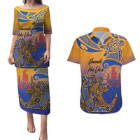 Hawaiki Nui Va'a Solo French Polynesia Couples Matching Puletasi and Hawaiian Shirt Sunset Color LT03 Yellow - Polynesian Pride