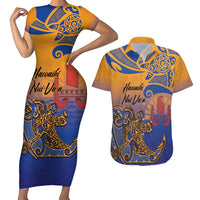 Hawaiki Nui Va'a Solo French Polynesia Couples Matching Short Sleeve Bodycon Dress and Hawaiian Shirt Sunset Color LT03 Yellow - Polynesian Pride