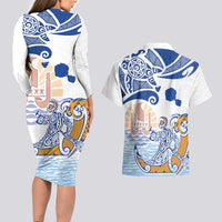 Hawaiki Nui Va'a Solo French Polynesia Couples Matching Long Sleeve Bodycon Dress and Hawaiian Shirt Blue Color LT03 - Polynesian Pride