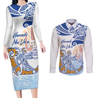 Hawaiki Nui Va'a Solo French Polynesia Couples Matching Long Sleeve Bodycon Dress and Long Sleeve Button Shirt Blue Color LT03 Blue - Polynesian Pride