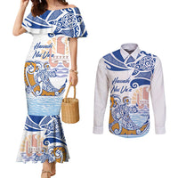 Hawaiki Nui Va'a Solo French Polynesia Couples Matching Mermaid Dress and Long Sleeve Button Shirt Blue Color LT03 Blue - Polynesian Pride