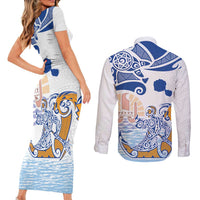 Hawaiki Nui Va'a Solo French Polynesia Couples Matching Short Sleeve Bodycon Dress and Long Sleeve Button Shirt Blue Color LT03 - Polynesian Pride