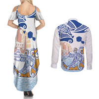 Hawaiki Nui Va'a Solo French Polynesia Couples Matching Summer Maxi Dress and Long Sleeve Button Shirt Blue Color LT03 - Polynesian Pride