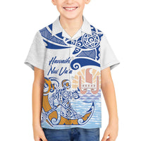 Hawaiki Nui Va'a Solo French Polynesia Family Matching Off The Shoulder Long Sleeve Dress and Hawaiian Shirt Blue Color LT03 Son's Shirt Blue - Polynesian Pride