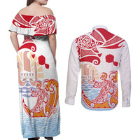 Hawaiki Nui Va'a Solo French Polynesia Couples Matching Off Shoulder Maxi Dress and Long Sleeve Button Shirt Red Color LT03 - Polynesian Pride