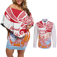 Hawaiki Nui Va'a Solo French Polynesia Couples Matching Off Shoulder Short Dress and Long Sleeve Button Shirt Red Color LT03 Red - Polynesian Pride