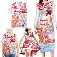 Hawaiki Nui Va'a Solo French Polynesia Family Matching Long Sleeve Bodycon Dress and Hawaiian Shirt Red Color LT03 - Polynesian Pride