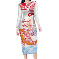 Hawaiki Nui Va'a Solo French Polynesia Family Matching Long Sleeve Bodycon Dress and Hawaiian Shirt Red Color LT03 Mom's Dress Red - Polynesian Pride