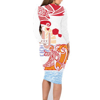 Hawaiki Nui Va'a Solo French Polynesia Family Matching Long Sleeve Bodycon Dress and Hawaiian Shirt Red Color LT03 - Polynesian Pride