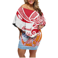 Hawaiki Nui Va'a Solo French Polynesia Family Matching Off Shoulder Short Dress and Hawaiian Shirt Red Color LT03 Mom's Dress Red - Polynesian Pride