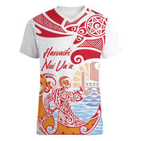 Hawaiki Nui Va'a Solo French Polynesia Women V-Neck T-Shirt Red Color LT03 Female Red - Polynesian Pride