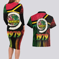 Vanuatu Constitution Day Couples Matching Long Sleeve Bodycon Dress and Hawaiian Shirt Polynesian Tattoo and Pig Tusk Since 1979 LT03 - Polynesian Pride