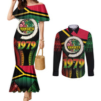Vanuatu Constitution Day Couples Matching Mermaid Dress and Long Sleeve Button Shirt Polynesian Tattoo and Pig Tusk Since 1979 LT03 Black - Polynesian Pride