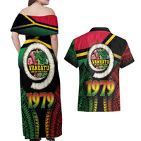 Vanuatu Constitution Day Couples Matching Off Shoulder Maxi Dress and Hawaiian Shirt Polynesian Tattoo and Pig Tusk Since 1979 LT03 - Polynesian Pride