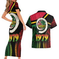 Vanuatu Constitution Day Couples Matching Short Sleeve Bodycon Dress and Hawaiian Shirt Polynesian Tattoo and Pig Tusk Since 1979 LT03 - Polynesian Pride