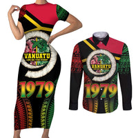 Vanuatu Constitution Day Couples Matching Short Sleeve Bodycon Dress and Long Sleeve Button Shirt Polynesian Tattoo and Pig Tusk Since 1979 LT03 Black - Polynesian Pride