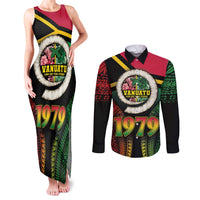 Vanuatu Constitution Day Couples Matching Tank Maxi Dress and Long Sleeve Button Shirt Polynesian Tattoo and Pig Tusk Since 1979 LT03 Black - Polynesian Pride
