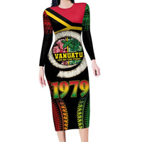 Vanuatu Constitution Day Family Matching Long Sleeve Bodycon Dress and Hawaiian Shirt Polynesian Tattoo and Pig Tusk Since 1979 LT03 Mom's Dress Black - Polynesian Pride