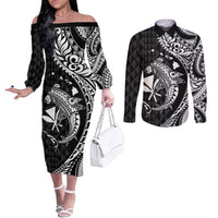 Aloha Hawaii Hammerhead Shark Couples Matching Off The Shoulder Long Sleeve Dress and Long Sleeve Button Shirt Black Kakau and Polynesian Tattoo LT03 Black - Polynesian Pride