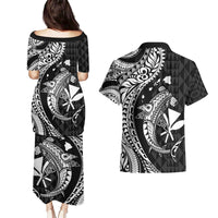 Aloha Hawaii Hammerhead Shark Couples Matching Puletasi and Hawaiian Shirt Black Kakau and Polynesian Tattoo LT03 - Polynesian Pride
